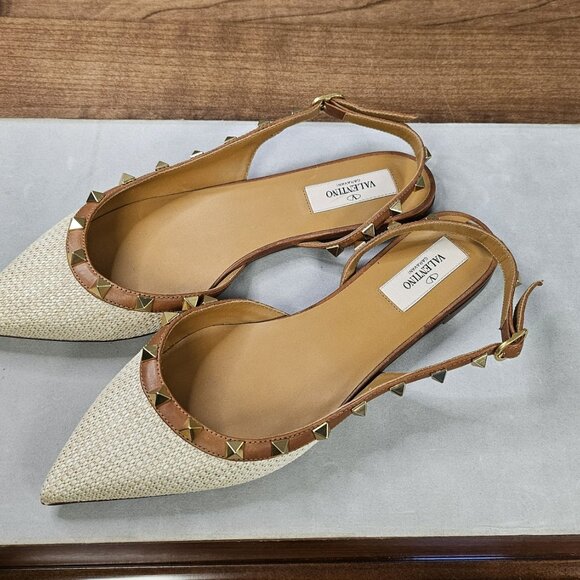 Valentino Garavani White and Brown Studded Flats - Picture 2 of 5